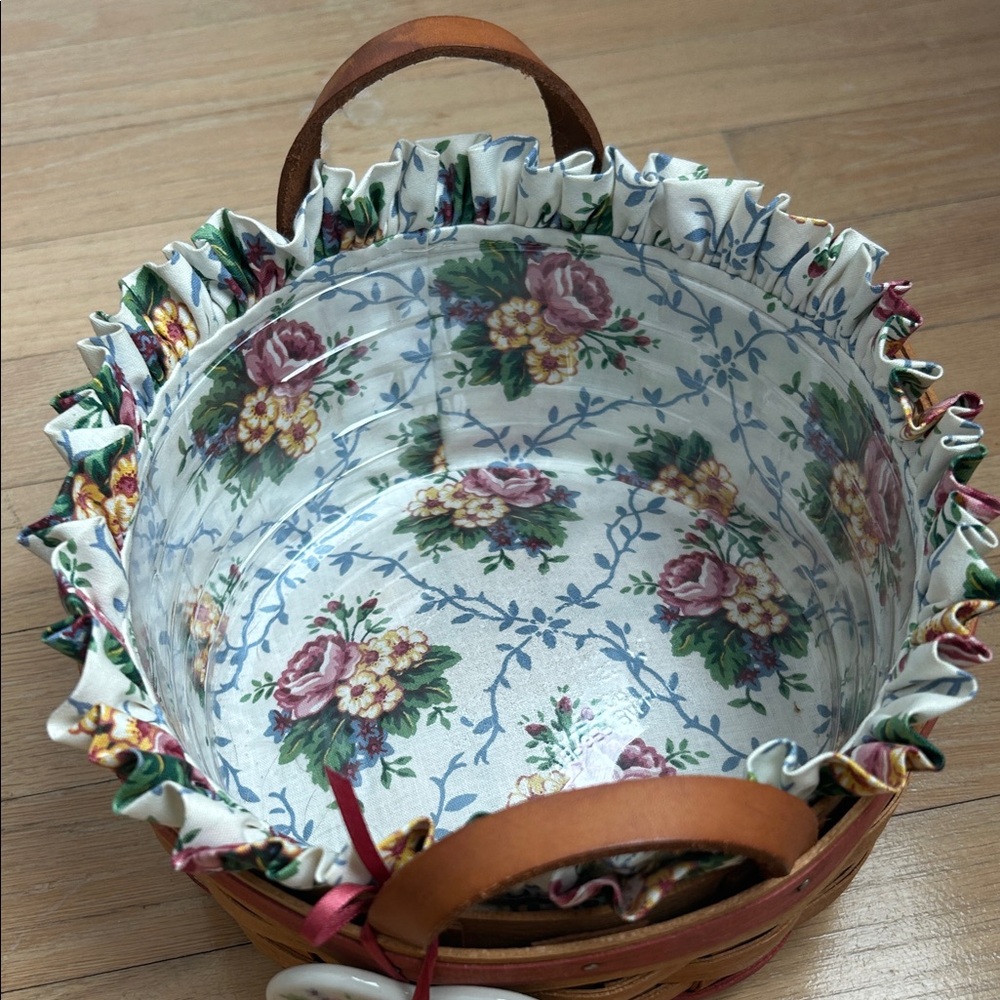 Longaberger Brown Basket with Floral Lining and Heart Tag - Picture 2 of 4